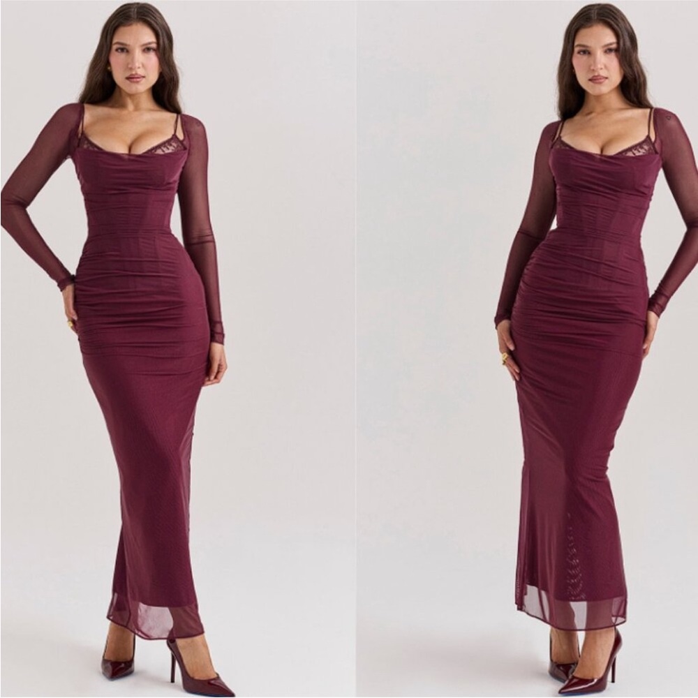 House of CB Burgundy Long Sleeve Mesh Maxi Dress
